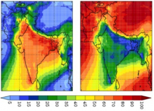 Percentage contributions of Indian emissions (left) and cross-border transport (right) to wintertime CO pollution in India.