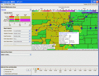 MDSS state view showing Colorado weather alerts, Automated Vehicle Location (AVL) data, and radar data.