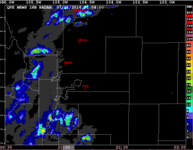 Radar-based MRMS QPE mosaic field showing the 1 hour rainfall accumulation along the Front Range.