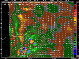 VDRAS high resolution wind vectors and convergence field at 0. 15 km AGL. Brown and red shades represent regions of convergence; green and blue shades represent regions of divergence.